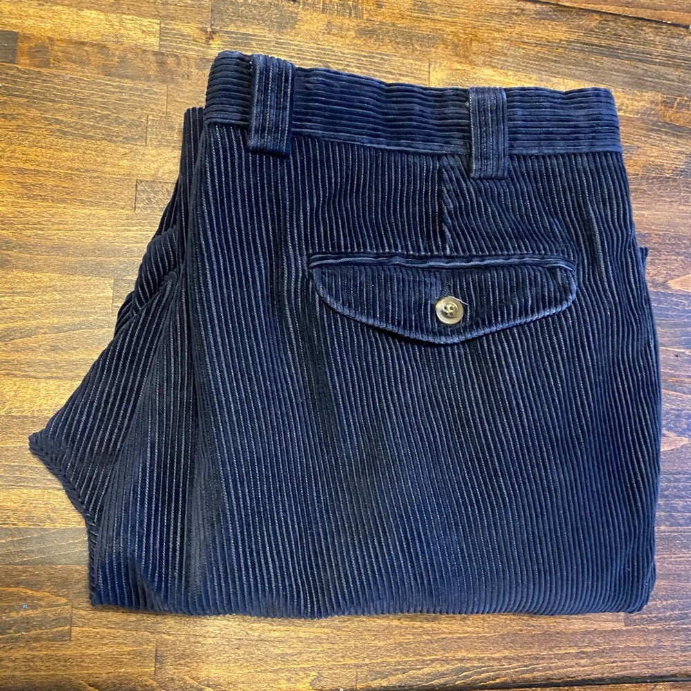 LL Bean Wide Leg Mens Corduroy Pants 37x30 Navy Blue 0CY02 Blue Hook & Eye